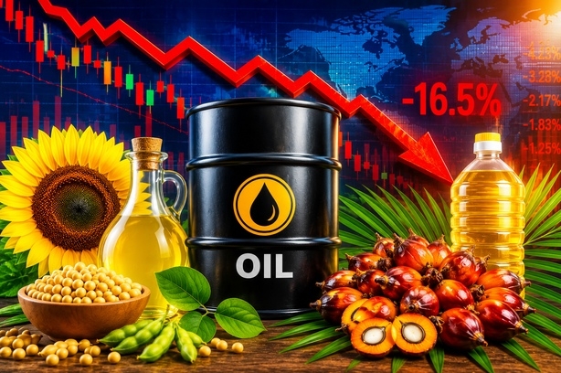 Oil prices fell 16.5% in a week to a 3.5-month low, adding pressure to vegetable oil markets